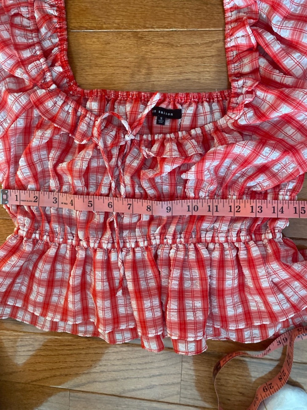En Saison Red Plaid Smocked Milkmaid Top Puff Sleeve Peplum Cottagecore S - Picture 13 of 13